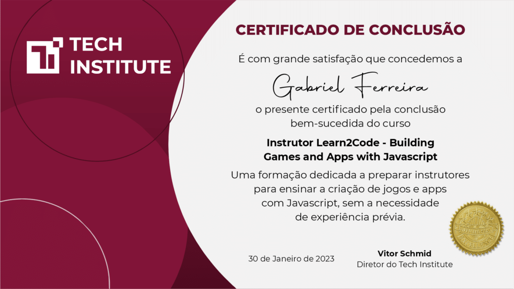 Imagem do Certificado de Conclusão de Curso da Tech Institute, símbolo da formação e empregabilidade em tecnologia